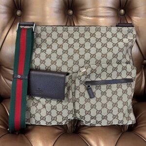 AUTH GUCCI Sherry Line Shoulder Bag GG Canvas Leather Brown Like New Green Red